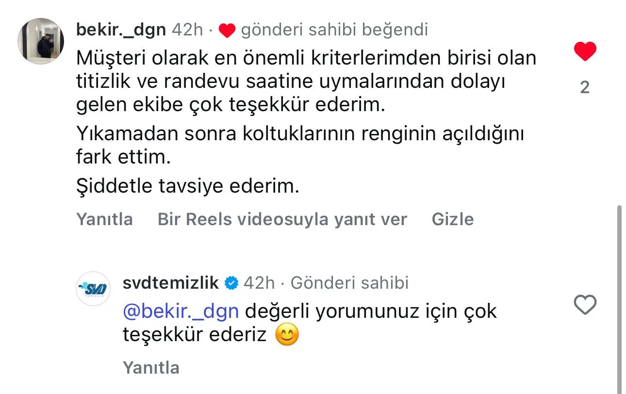 SVD Temizlik müşteri yorumu koltuk yıkama Ankara